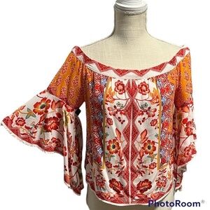Flying Tomato Orange multi-color floral artsy bohemian stylish off shoulder top